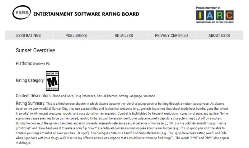 Sunset Overdrive Klasyfikacja Esrb