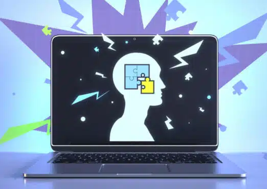 Close Up Of Laptop With Creative Digital Head With Puzzle On Light Background. Idea And Solution Concept. 3d Rendering.