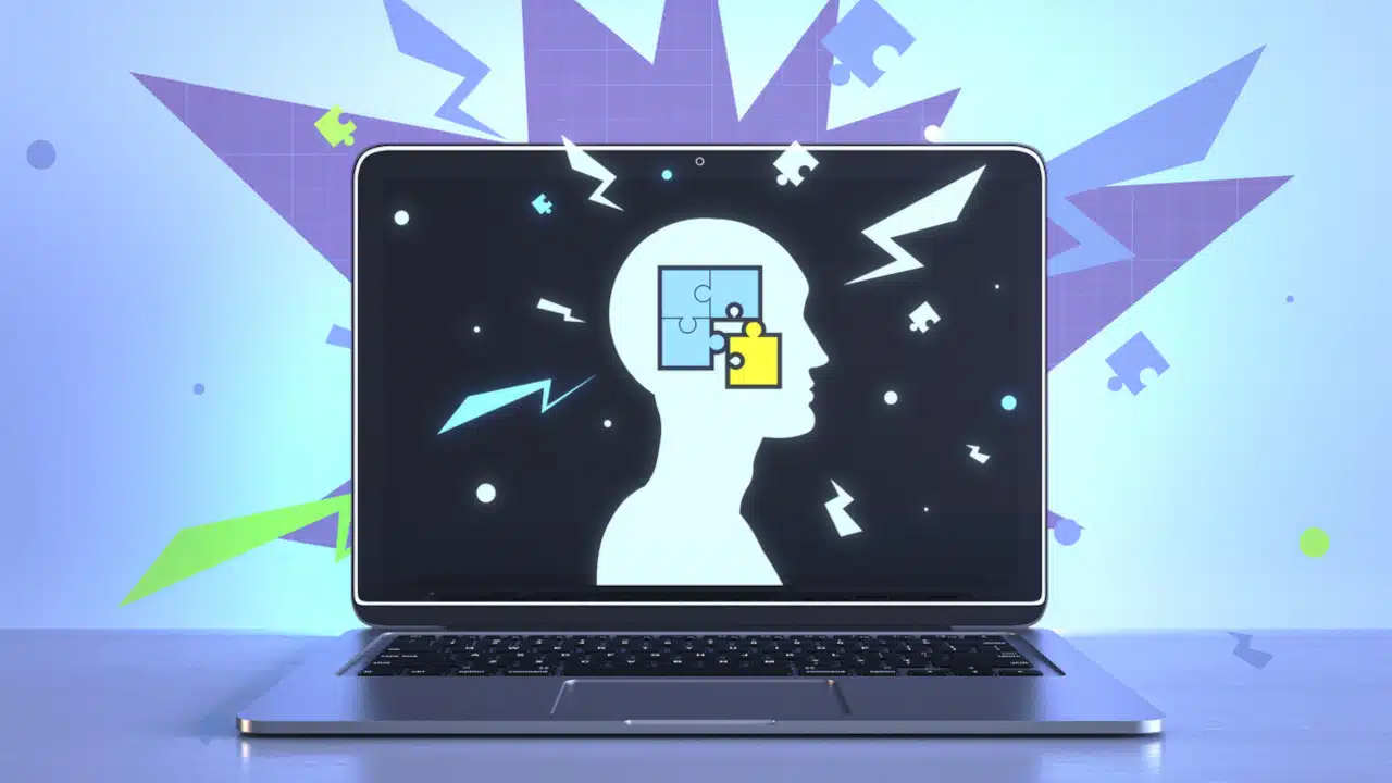 Close Up Of Laptop With Creative Digital Head With Puzzle On Light Background. Idea And Solution Concept. 3d Rendering.